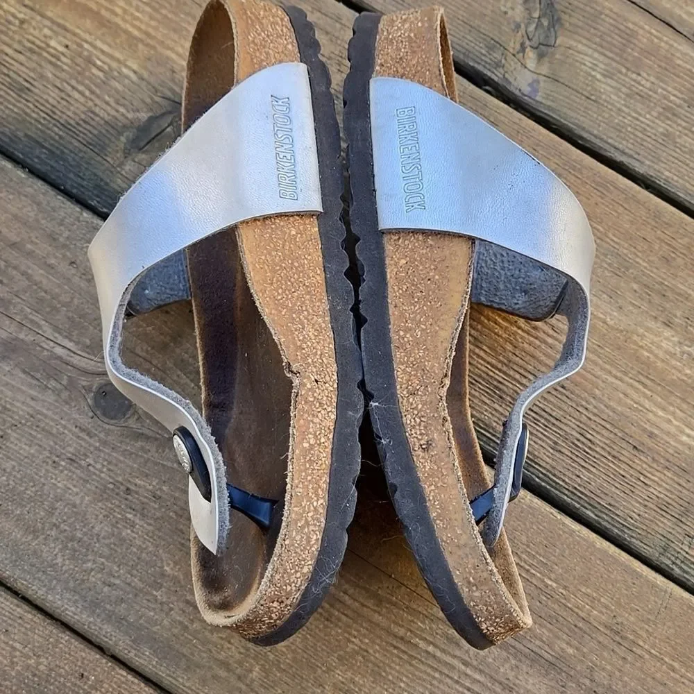 Gizeh Birko Flor Ice Pearl Onyx Silver Tone Leather Sandals Womens Girls 6.5 App